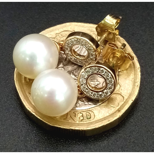 774 - A pair of 9K yellow gold cultured pearl droplet earrings with diamond halo bales. 0.15ct. Boxed. Ref... 