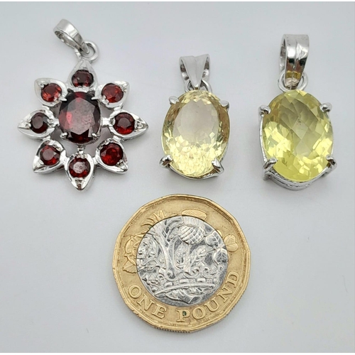 940 - Six Gemstone 925 Silver Pendants. Citrine, Amethyst, Garnet, Quartz x 3 (2 x lemon and 1 smoky).