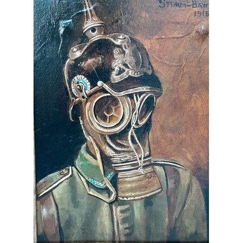 946 - Oil Painting on Wood of a WW1 Bavarian Soldier wearing a gas mask. Artist unknown.