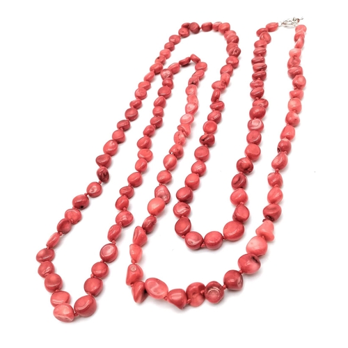 948 - Lovely Coral long necklace and pair of Sterling Silver 925 Coral pendant earrings.