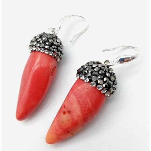 948 - Lovely Coral long necklace and pair of Sterling Silver 925 Coral pendant earrings.