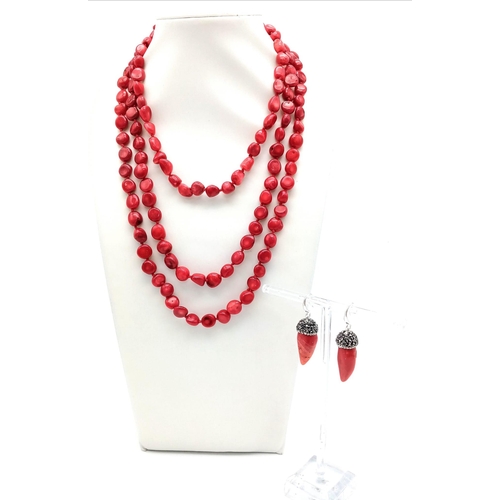 948 - Lovely Coral long necklace and pair of Sterling Silver 925 Coral pendant earrings.