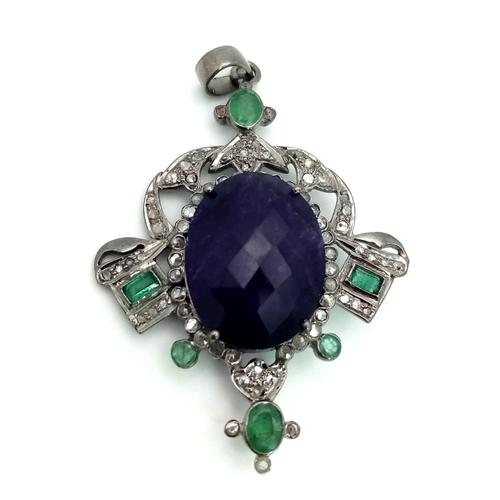 961 - An Art Deco Style Amethyst with Zambian Emeralds & Rose cut Diamond Pendant. Large oval faceted amet... 