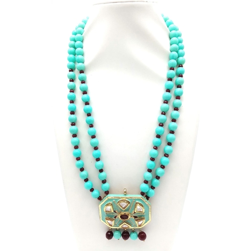 976 - Stunning Turquoise & Garnet 2 row necklace, gold gilded silver with vintage push-pin clasp.

28cms i... 