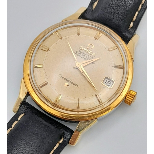 110 - A Beautiful Vintage (1960s) Omega Chronometer 'Pie Pan' Constellation Gents Watch. Black leather str... 