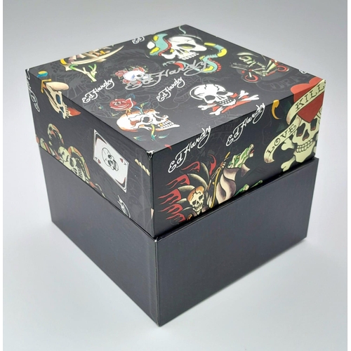 903 - Three brand new ED HARDY watches. Large case 46 mm, black bezel and dial, two with the emblematic sc... 