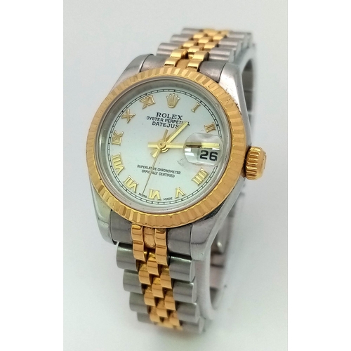 323 - A LADIES ROLEX OYSTER PERPETUAL DATEJUST IN BI-METAL ,UPDATED STYLE WITH WHITE DIAL AND ROMAN NUMERA... 