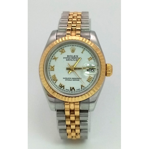 323 - A LADIES ROLEX OYSTER PERPETUAL DATEJUST IN BI-METAL ,UPDATED STYLE WITH WHITE DIAL AND ROMAN NUMERA... 