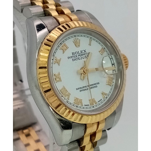 323 - A LADIES ROLEX OYSTER PERPETUAL DATEJUST IN BI-METAL ,UPDATED STYLE WITH WHITE DIAL AND ROMAN NUMERA... 