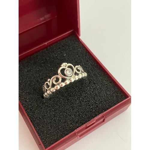 329 - Genuine PANDORA TIARA CROWN RING Size M - M 1/2. Full Pandora and Silver markings inside band. Compl... 