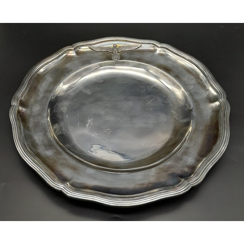 629 - 3 rd Reich Silver Plated 1942 Dated Kriegsmarine U-Boat “Wiking Flotilla” Platter. Makers Marked.