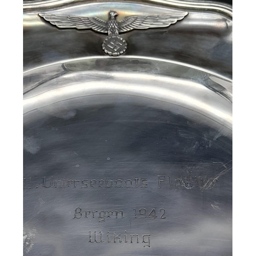 629 - 3 rd Reich Silver Plated 1942 Dated Kriegsmarine U-Boat “Wiking Flotilla” Platter. Makers Marked.