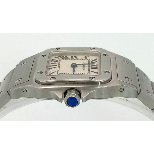 330 - ACLASSIC CARTIER LADIES WRIST WATCH IN STAINLESS STEEL WITH ROMAN NUMERALD AND DISTINCTIVE BLUE SAPP... 