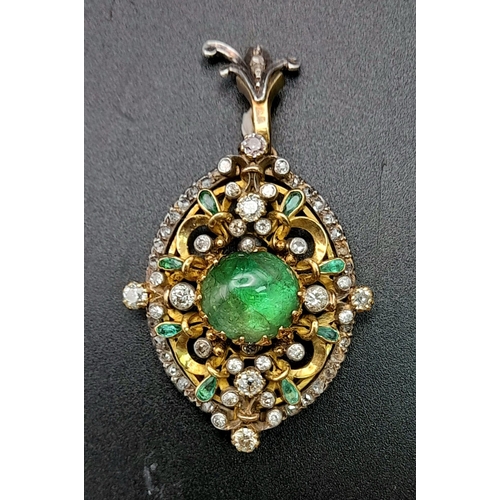 867 - A very collectable, late Victorian yellow and white gold pendant with a round emerald cabochon, smal... 