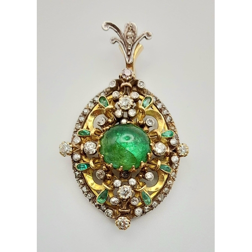 867 - A very collectable, late Victorian yellow and white gold pendant with a round emerald cabochon, smal... 