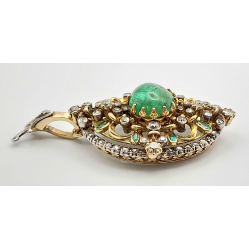 867 - A very collectable, late Victorian yellow and white gold pendant with a round emerald cabochon, smal... 