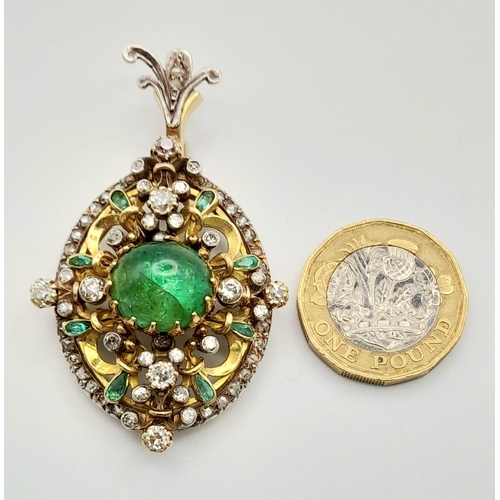 867 - A very collectable, late Victorian yellow and white gold pendant with a round emerald cabochon, smal... 