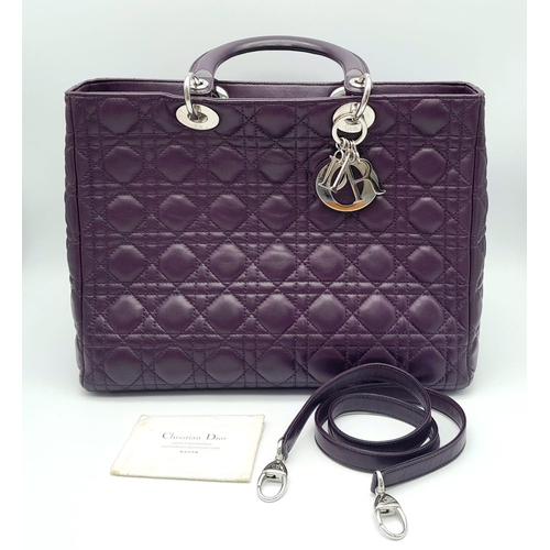 492 - A DIOR LADY DIOR PURPLE VIOLET LAMBSKIN WITH SILVER HARDWARE BAG. A SECURE ZIPPED TOP WITH CD EMBOSS... 