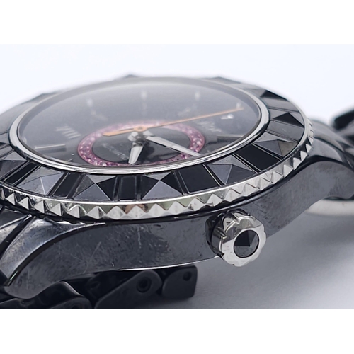 402 - A Christian Dior VIII Black Ceramic and Pink Sapphire Ladies Watch. Ceramic bracelet and case - 34mm... 