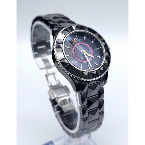 402 - A Christian Dior VIII Black Ceramic and Pink Sapphire Ladies Watch. Ceramic bracelet and case - 34mm... 