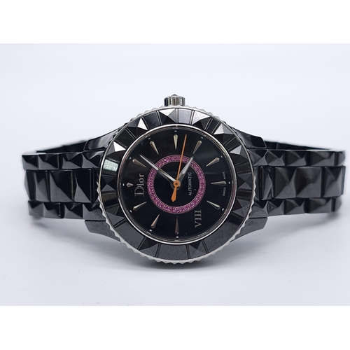 402 - A Christian Dior VIII Black Ceramic and Pink Sapphire Ladies Watch. Ceramic bracelet and case - 34mm... 