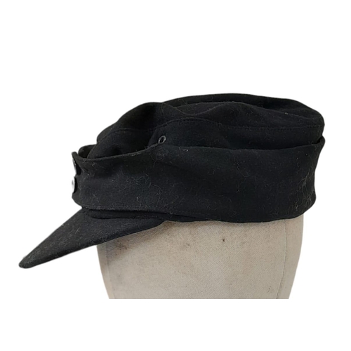 449 - WW2 German M43 Panzer Side Cap. Black wool construction with removed insignia, (maybe P.O.W). The fr... 