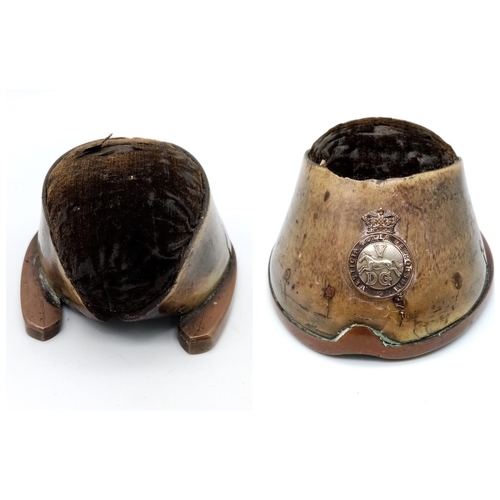 733 - Victorian British V Dragon Guards Horse Hoof Pin Cushion.