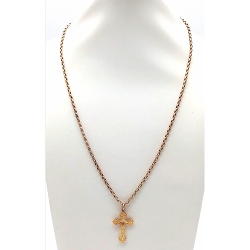 95 - A BEAUTIFULLY DECORATED ANTIQUE 9K ROSE GOLD CROSS PENDANT ON A 44cms 9K ROSE GOLD BELCHER CHAIN .  ... 