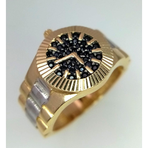 114 - AN UNIQUE 18K 2 COLOUR GOLD ROLEX STYLE RING WITH A WATCH FACE HEAD DESIGN, WEIGHT 9.3G SIZE U