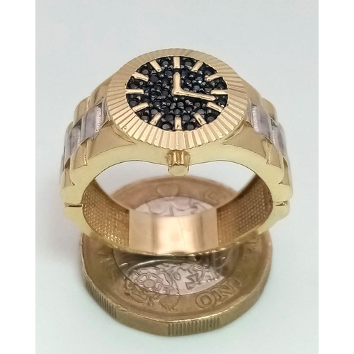 114 - AN UNIQUE 18K 2 COLOUR GOLD ROLEX STYLE RING WITH A WATCH FACE HEAD DESIGN, WEIGHT 9.3G SIZE U