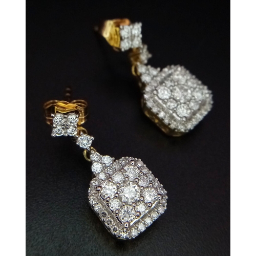 46 - A pair of 14k yellow gold multi diamond cluster drop earrings. Diamonds - 1ct. Boxed. Ref: 6279