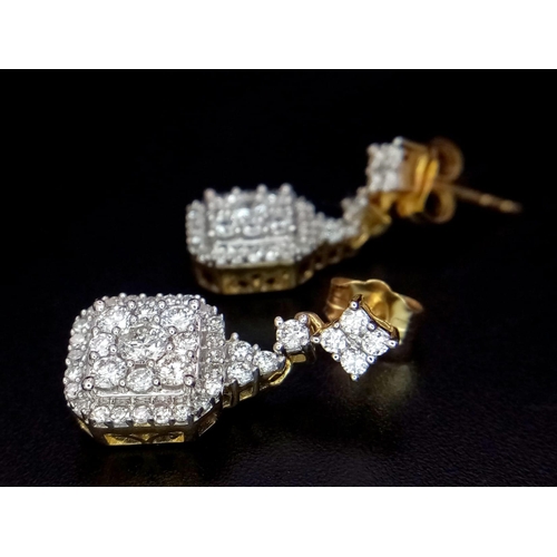 46 - A pair of 14k yellow gold multi diamond cluster drop earrings. Diamonds - 1ct. Boxed. Ref: 6279