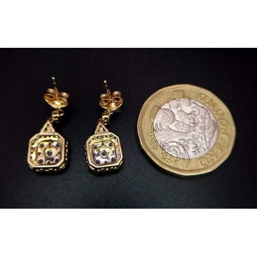 46 - A pair of 14k yellow gold multi diamond cluster drop earrings. Diamonds - 1ct. Boxed. Ref: 6279