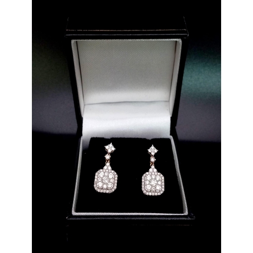 46 - A pair of 14k yellow gold multi diamond cluster drop earrings. Diamonds - 1ct. Boxed. Ref: 6279