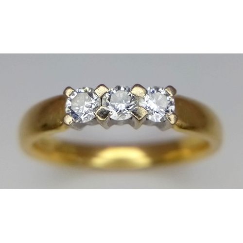 506 - 18k yellow gold diamond trilogy ring, size N, weight 4.3g (dia:0.30ct)