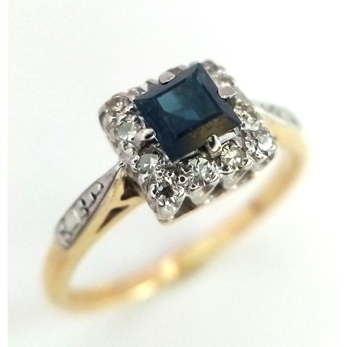 512 - 18k yellow gold diamond and sapphire square cluster ring, size L, weight 2.9g (dia:0.12ct/sapp:0.40c... 