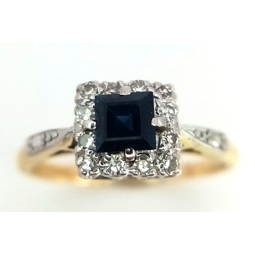 512 - 18k yellow gold diamond and sapphire square cluster ring, size L, weight 2.9g (dia:0.12ct/sapp:0.40c... 