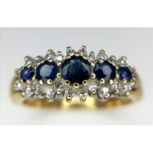 534 - 9k yellow gold diamond and sapphire vintage ring, size P, 3.4g (dia:0.45ct/sapp:0.74ct)