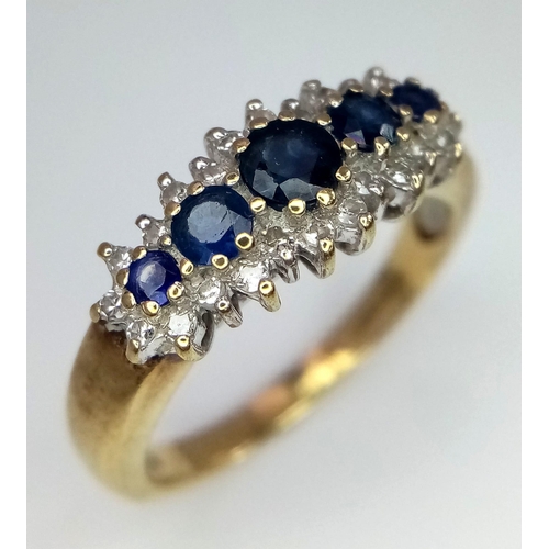 534 - 9k yellow gold diamond and sapphire vintage ring, size P, 3.4g (dia:0.45ct/sapp:0.74ct)