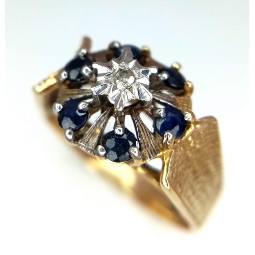 642 - 9k yellow gold diamond and sapphire vintage ring, size L, weight 3.5g (dia:0.02ct/sapp:0.30ct)