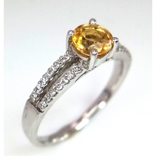 649 - 9k white gold diamond and citrine double shank ring, size M 1/2, weight 2.2g (dia:0.28ct/citrine:0.7... 