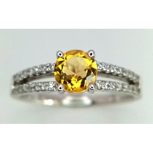 649 - 9k white gold diamond and citrine double shank ring, size M 1/2, weight 2.2g (dia:0.28ct/citrine:0.7... 