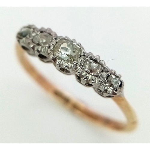 696 - 9k yellow gold mixed cut 5 stone diamond ring, size Q, 2.2g (dia:0.25ct)