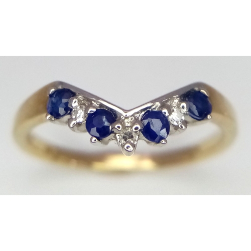 731 - 9k yellow gold diamond and sapphire wishbone ring, size J, weight 1.6g (dia:0.03ct/sapp:0.20ct)