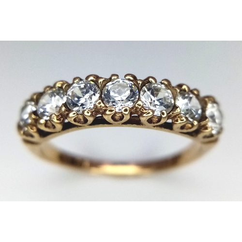 966 - 9k yellow gold 7 stone CZ set vintage ring, size J 1/2, weight 1.8g