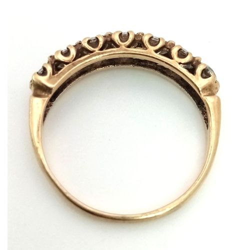 966 - 9k yellow gold 7 stone CZ set vintage ring, size J 1/2, weight 1.8g