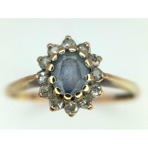 973 - 9k yellow gold diamond and sapphire vintage ring, size L, weight 1.3g (dia:0.12ct/sapp:0.35ct)