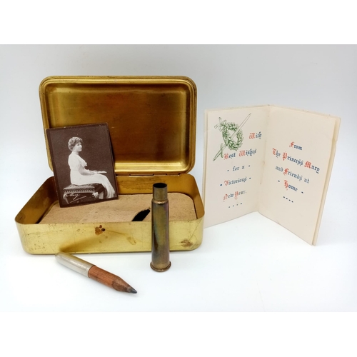 320 - WW1 British Princess Mary Xmas 1914 Gift Tin complete with original contents of cigarettes and tobac... 