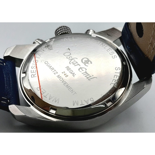 431 - An Oskar Emil Limited Edition Chronograph Gents Watch. Blue leather strap. Stainless steel case - 46... 