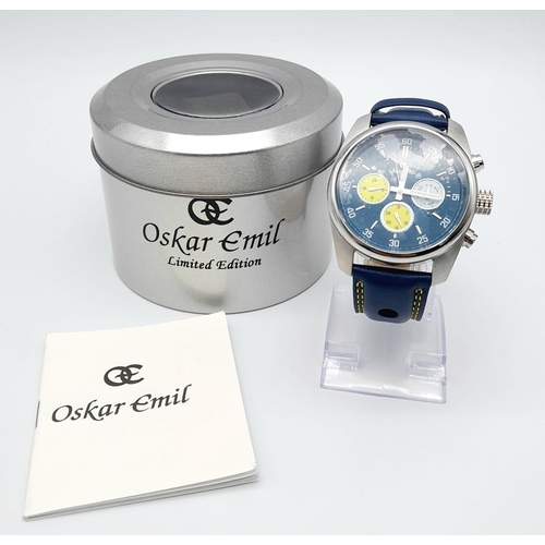 431 - An Oskar Emil Limited Edition Chronograph Gents Watch. Blue leather strap. Stainless steel case - 46... 